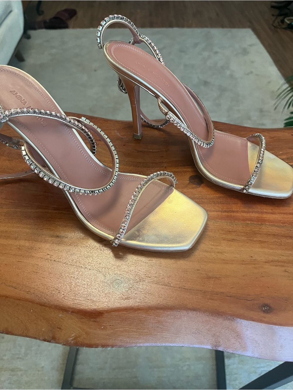 Amina Muaddi Gold Crystal-Embellished Strappy Stiletto Sandals
